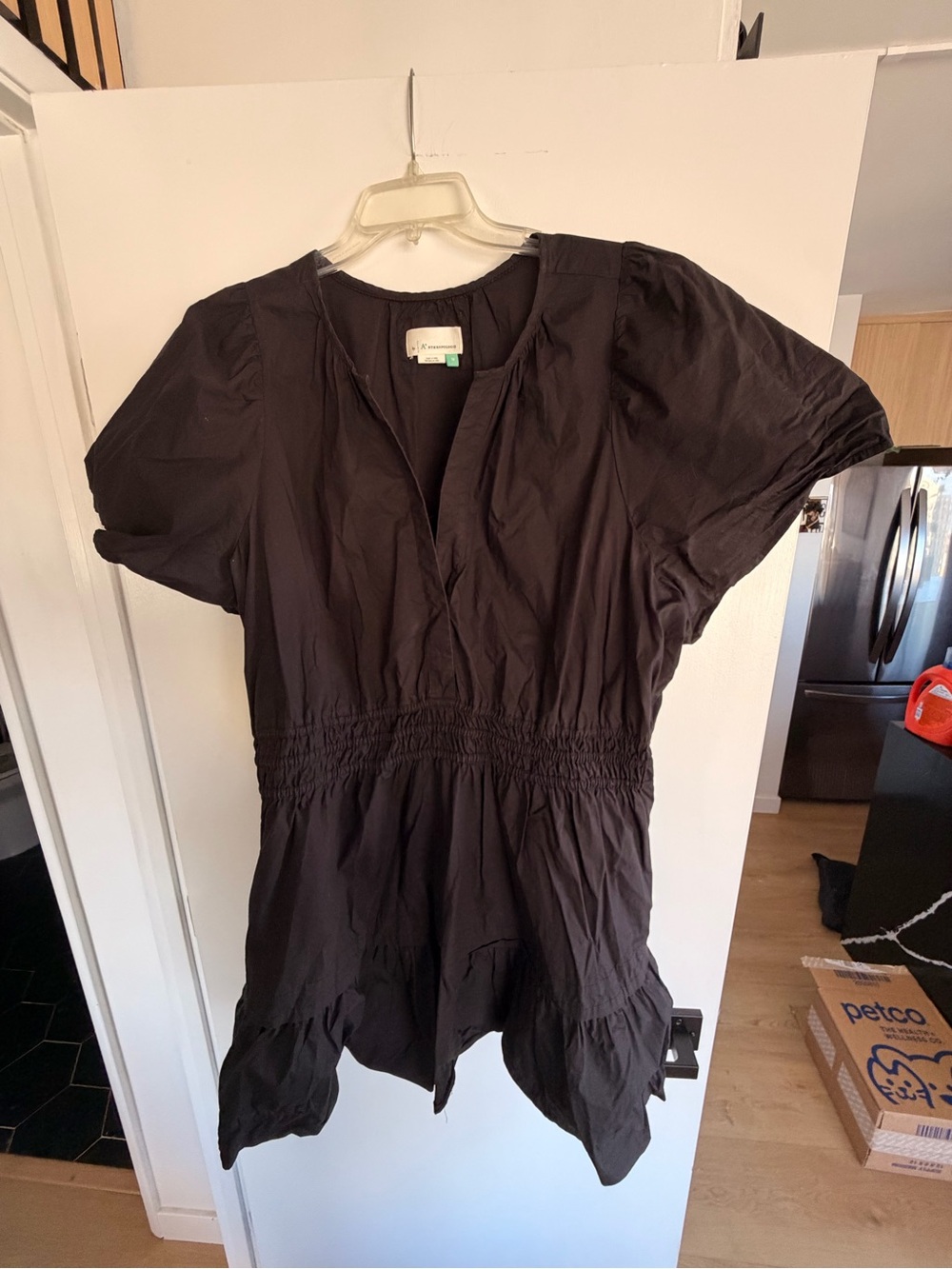 Anthropologie Black Short Sleeve Smocked-Waist Mini Dress